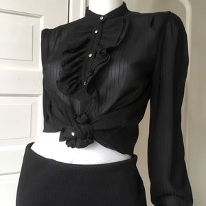 Sheer ruffle Black striped blouse sm